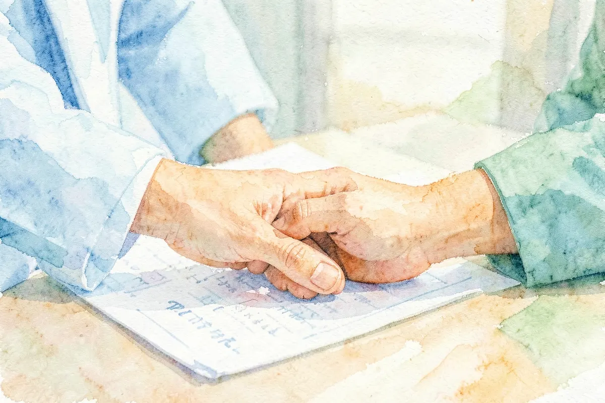 Mãos de um médico e paciente se tocando sobre uma mesa com documentos, plano médio, luz suave de escritório