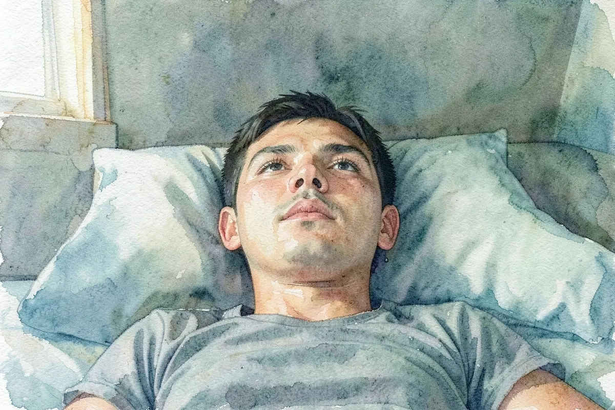 Homem deitado na cama olhando para o teto com expressão de tristeza