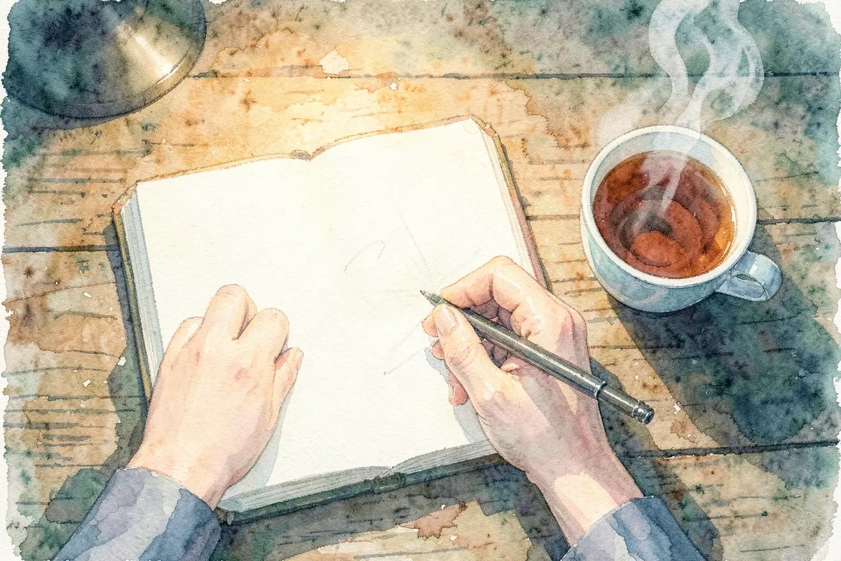 Pessoa escrevendo em um diário em uma mesa com uma xícara de chá ao lado
