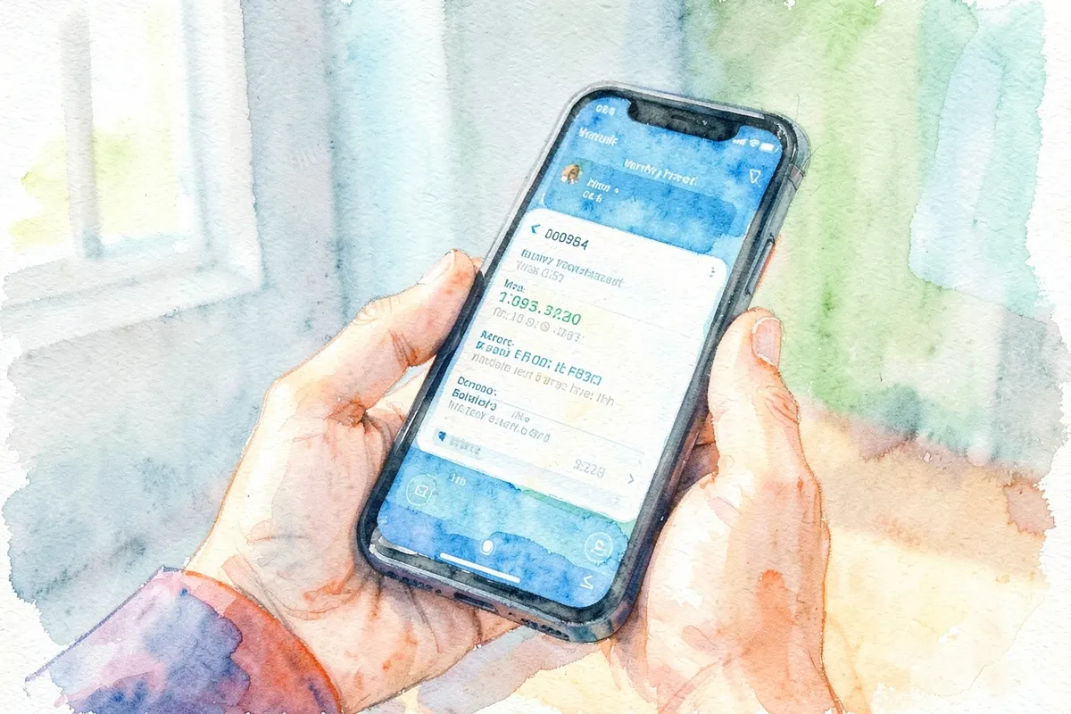 Close-up de uma mão segurando um telefone, com uma chamada em andamento exibida na tela