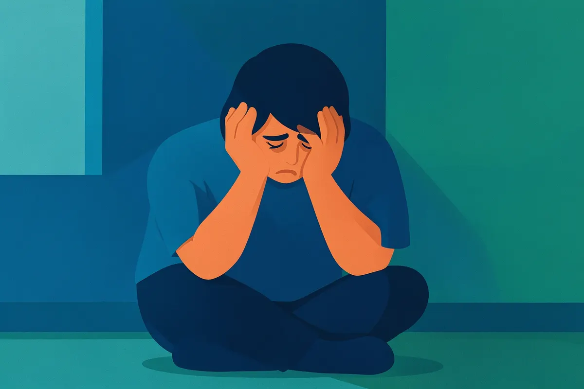 Pessoa com expressão de sofrimento, com a cabeça entre as mãos, representando os sintomas da depressão resistente