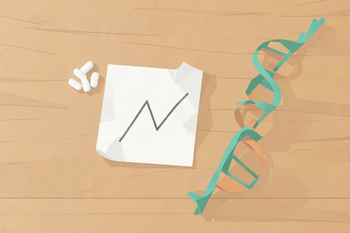 Fatores diversos como pílulas, gráfico de estresse e DNA, ilustrando as causas da depressão resistente