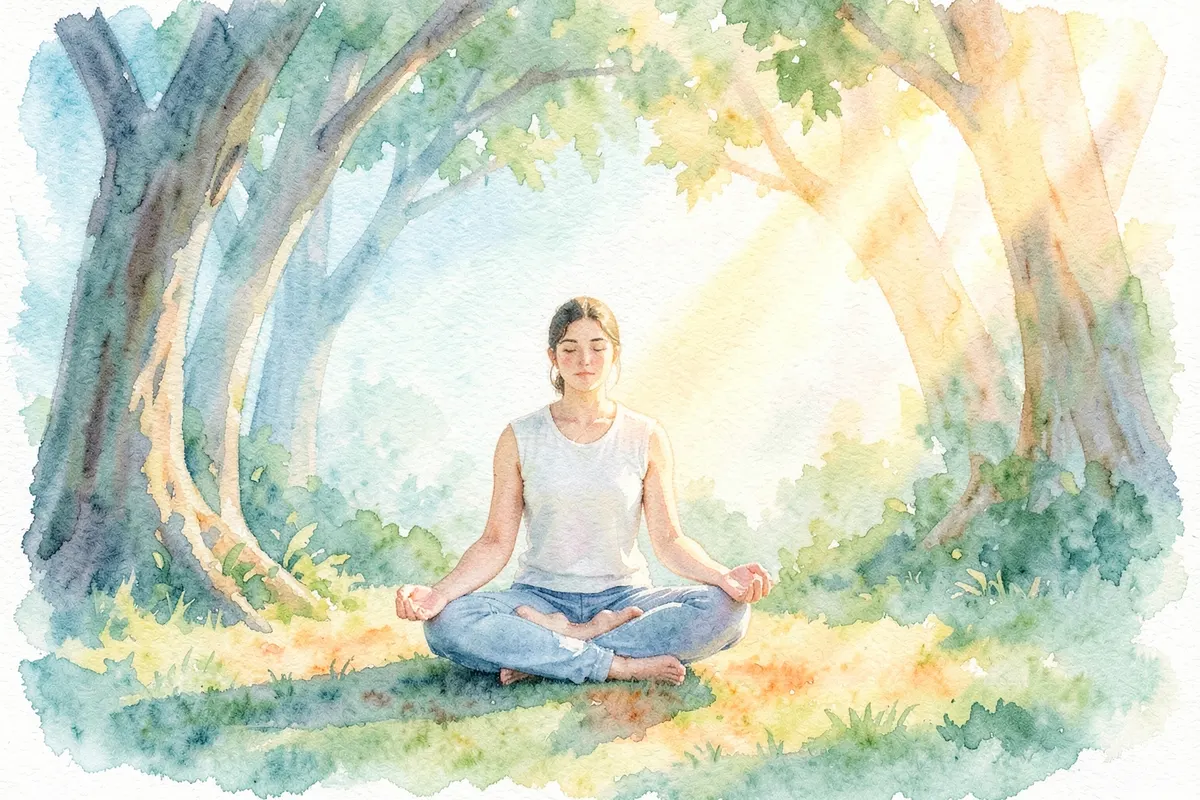 Uma pessoa meditando pacificamente em um ambiente natural sereno, com raios de sol filtrando por entre as árvores.