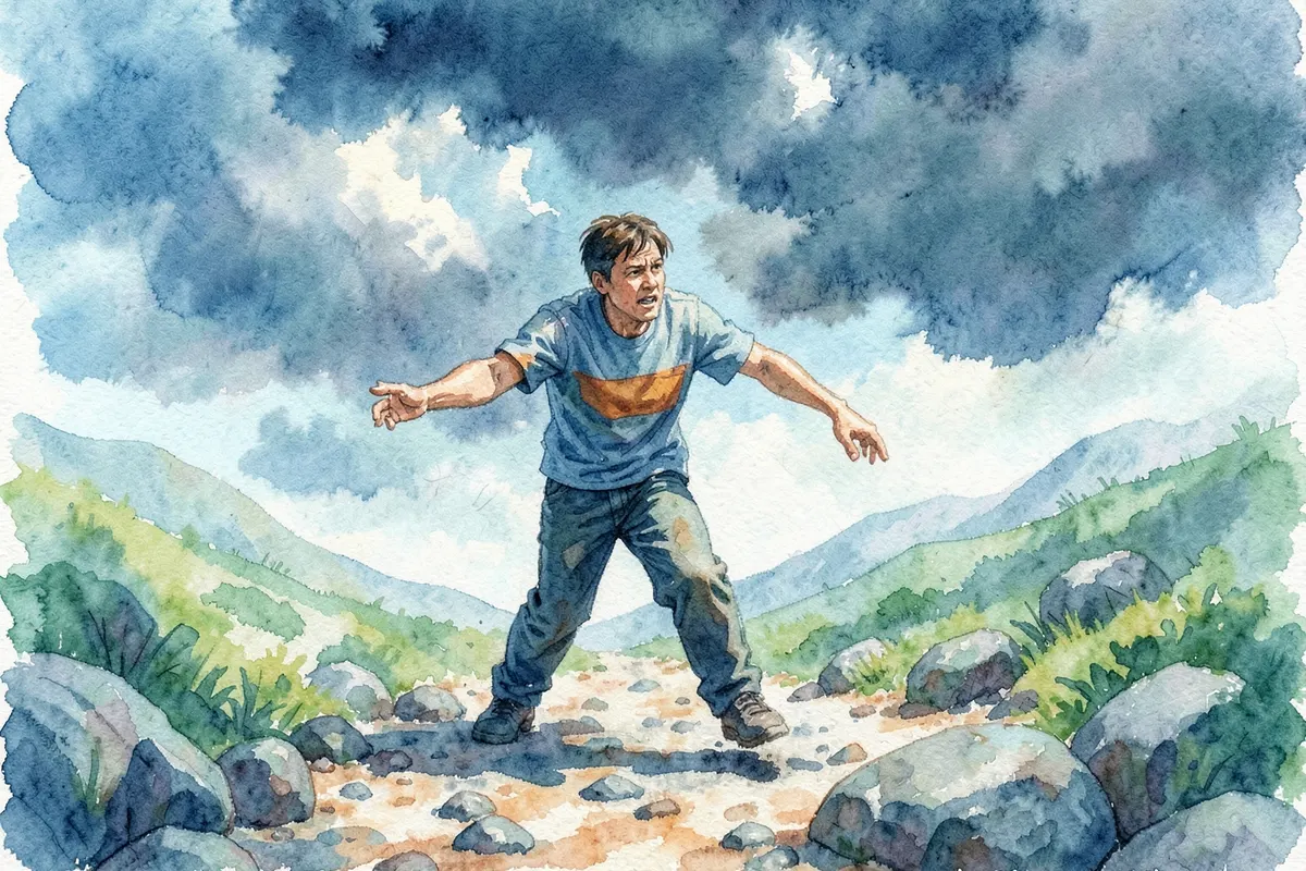 Uma pessoa tropeçando em um caminho rochoso e irregular, com uma tempestade se formando no céu ao fundo.