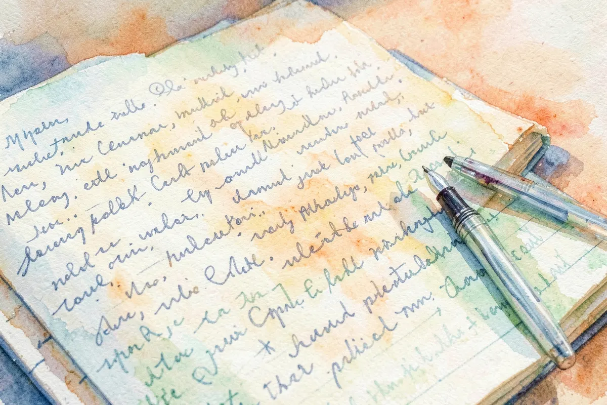 Um close-up de um prontuário médico aberto com anotações, com uma caneta ao lado.