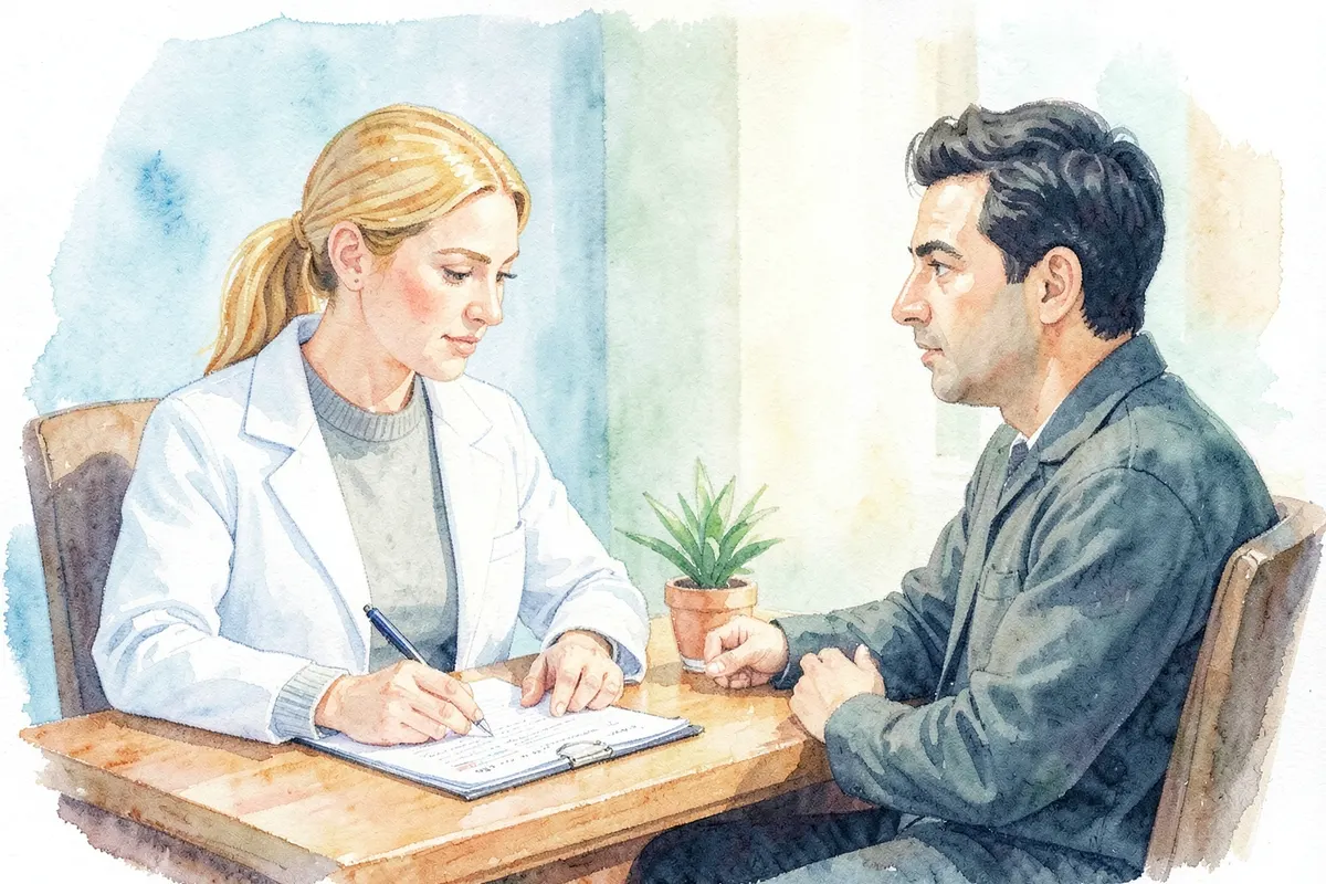 Um psiquiatra escrevendo em um prontuário médico enquanto olha para um paciente sentado à sua frente.