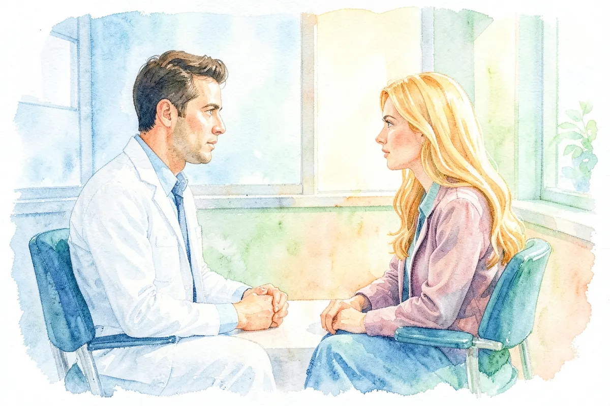 Duas pessoas conversando em um consultório médico, uma delas é um homem de jaleco branco.