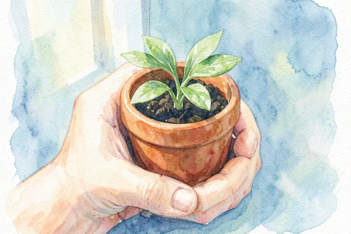 Mão segurando um pequeno vaso com uma planta verde crescendo.