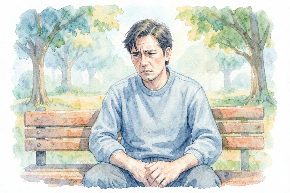 Homem com semblante cansado e desanimado, sentado em um banco de parque.