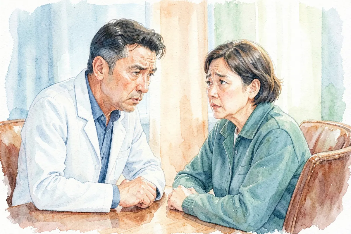 Médico conversando com paciente em um consultório, ambos com expressões sérias.