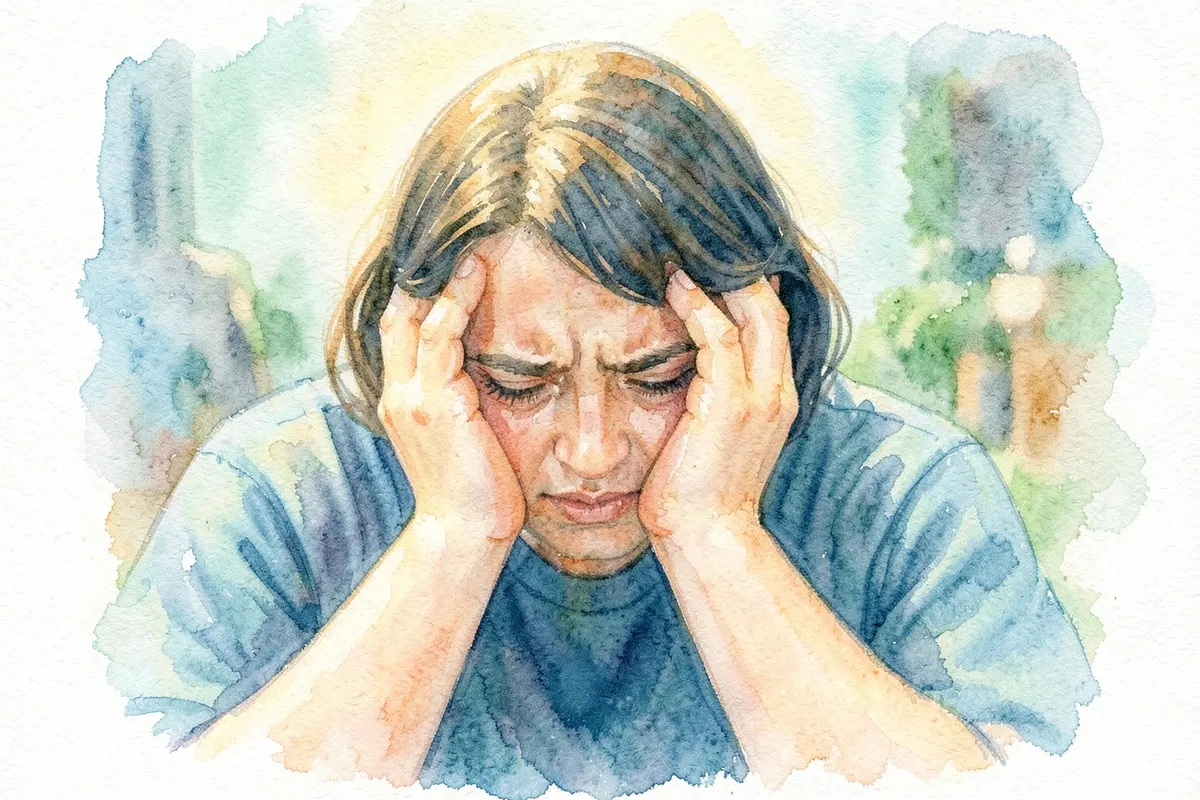 Pessoa com a cabeça entre as mãos, em um ambiente que sugere confusão mental.