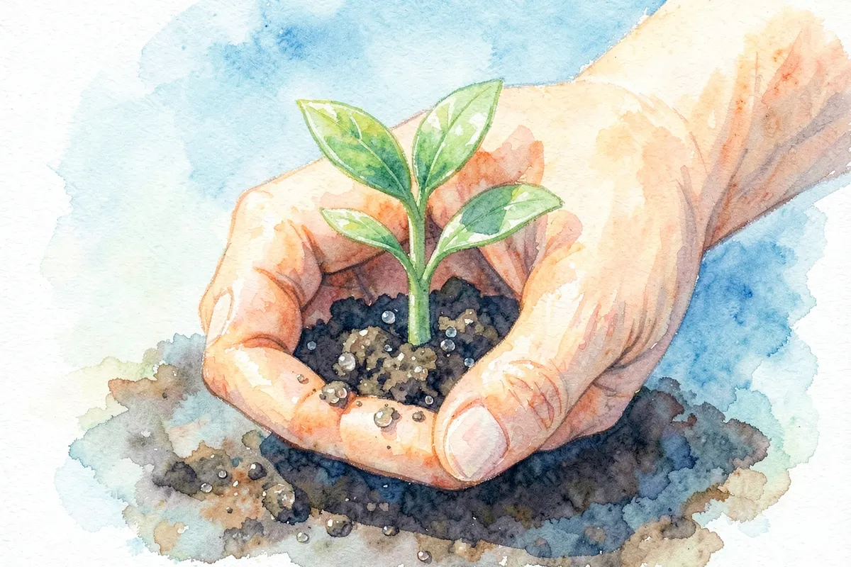 Uma mão segurando um pequeno broto de planta crescendo em terra, com gotas de água.