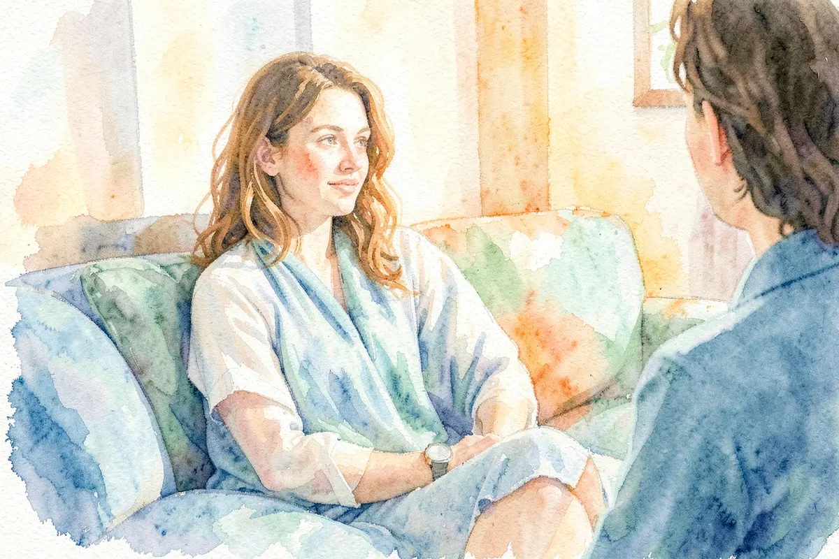 Uma mulher sentada em um sofá, conversando com outra pessoa fora de quadro.