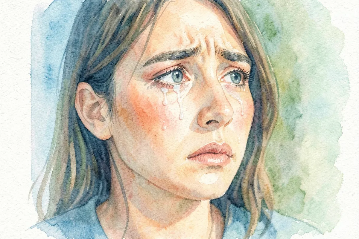 Close-up de uma mulher com lágrimas nos olhos, olhando para o nada.