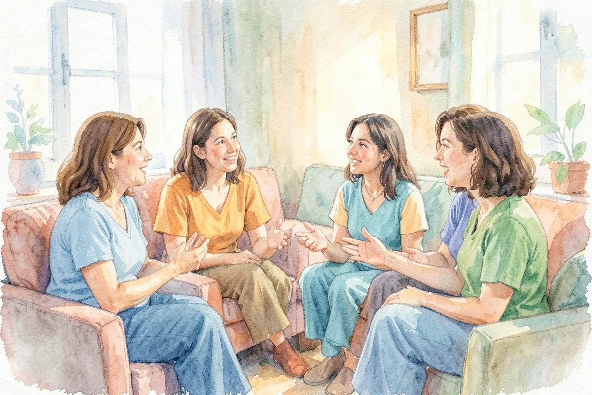 Um grupo de mulheres sentadas em círculo, conversando em uma sala.