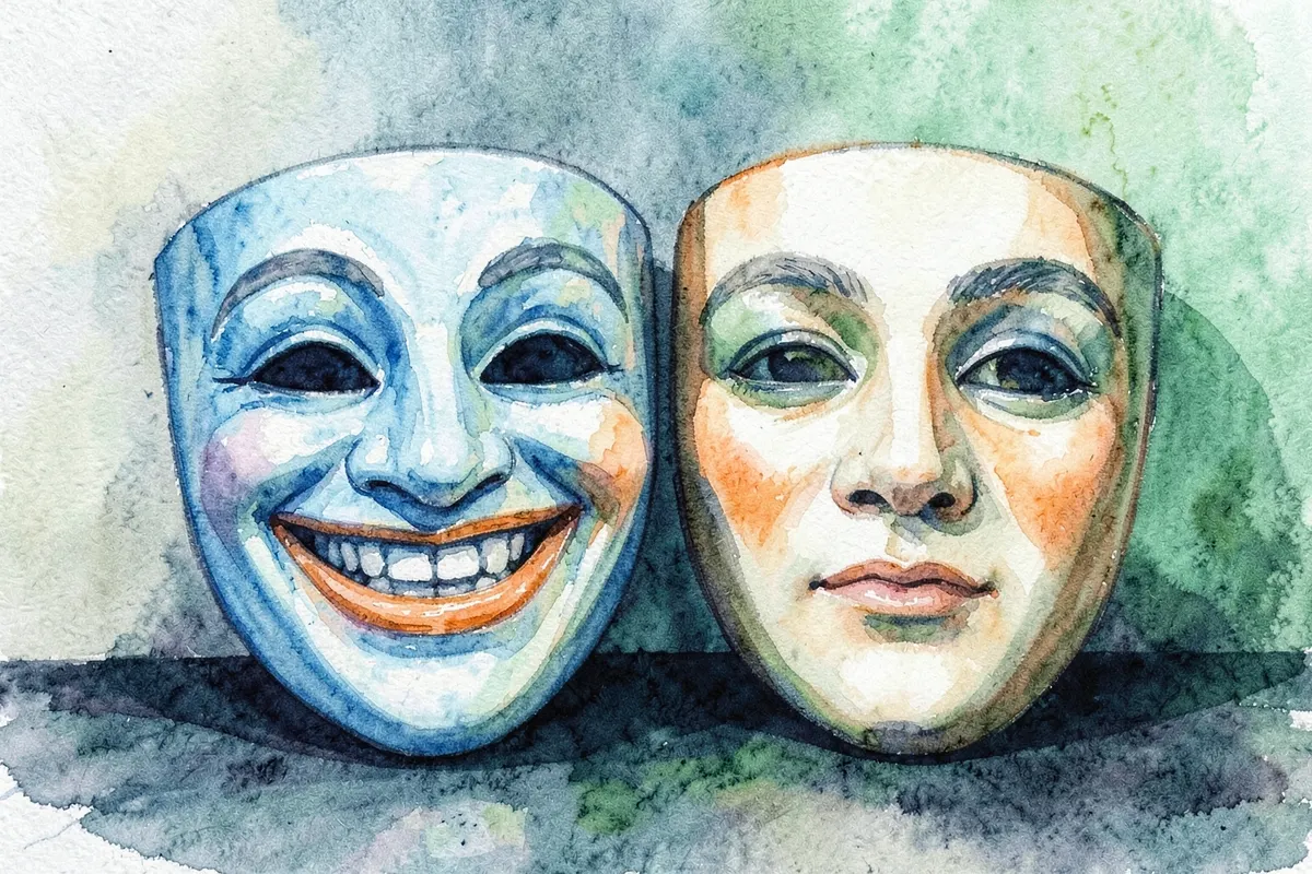 Duas máscaras de teatro, uma sorrindo e outra com expressão neutra, sobrepostas, representando a dualidade de sociopatia e psicopatia.