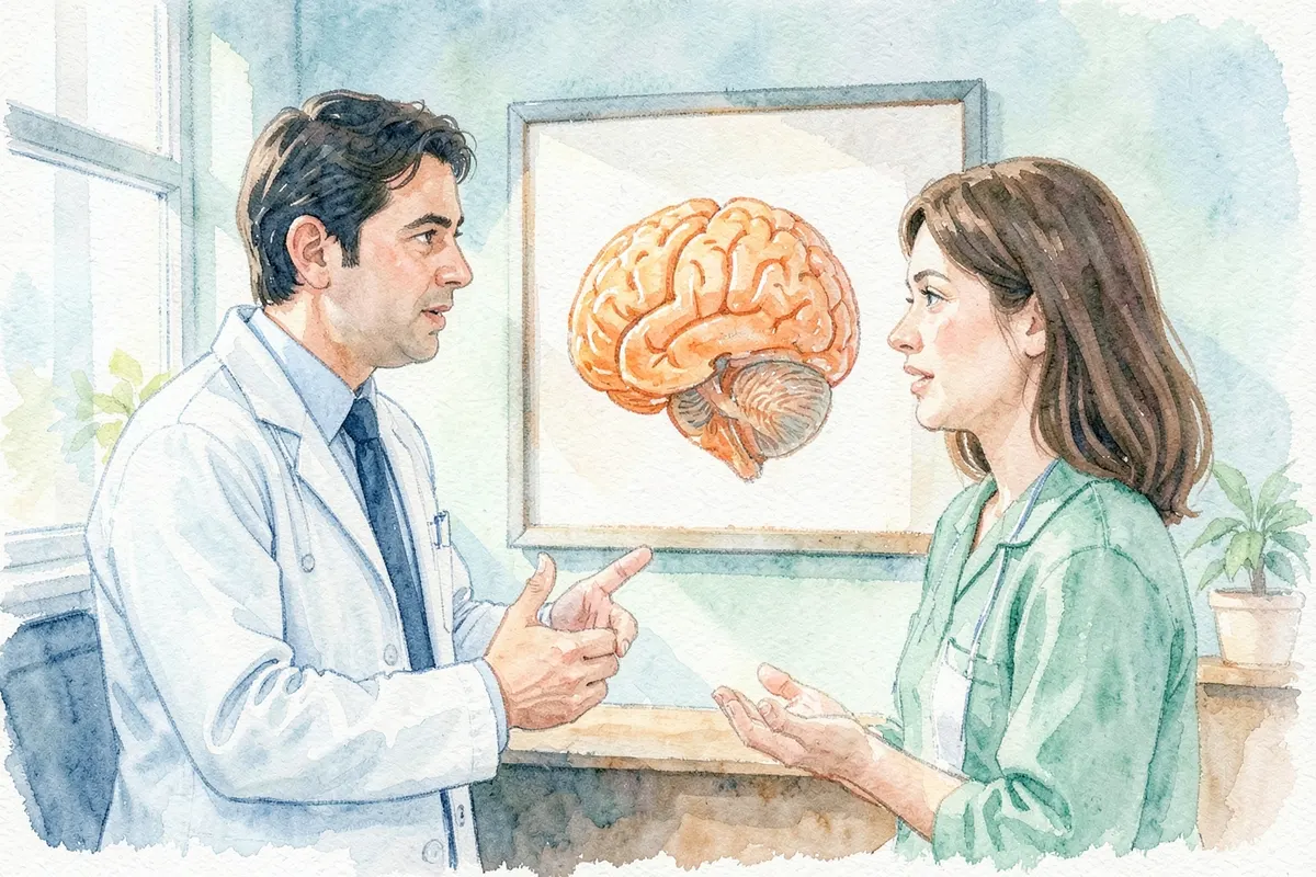 Médico homem explicando algo para paciente mulher em consultório médico, com foco em um cérebro em um quadro.