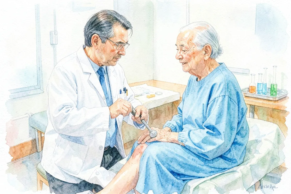 Neurologista homem examinando um paciente idoso com um martelo de reflexos, em um consultório médico.