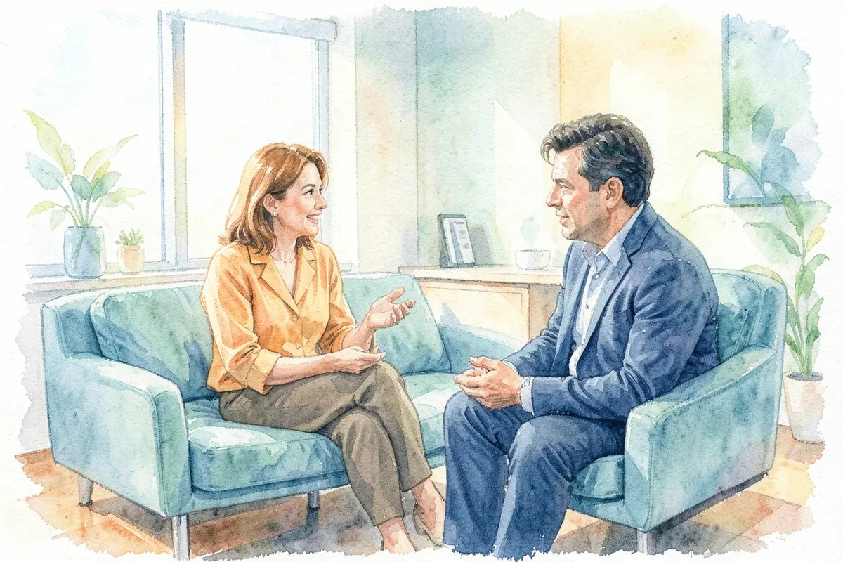 Mulher sentada em um divã, conversando com um psiquiatra em um consultório moderno.