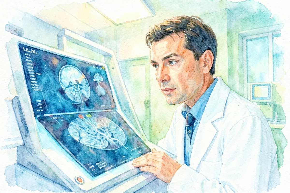 Neurologista homem observando um exame de ressonância magnética em uma mesa iluminada, em um hospital.