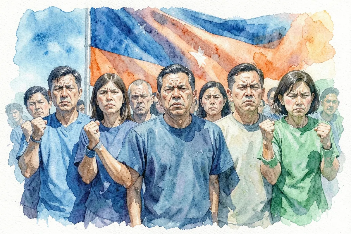 Grupo de pessoas com rostos fechados e punhos cerrados, em frente a uma bandeira nacional, em plano médio.