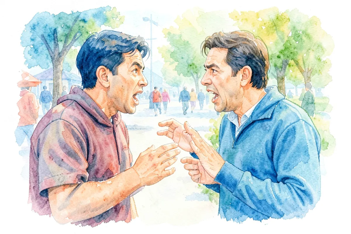 Duas pessoas discutindo acaloradamente em um ambiente público, com gestos enfáticos.