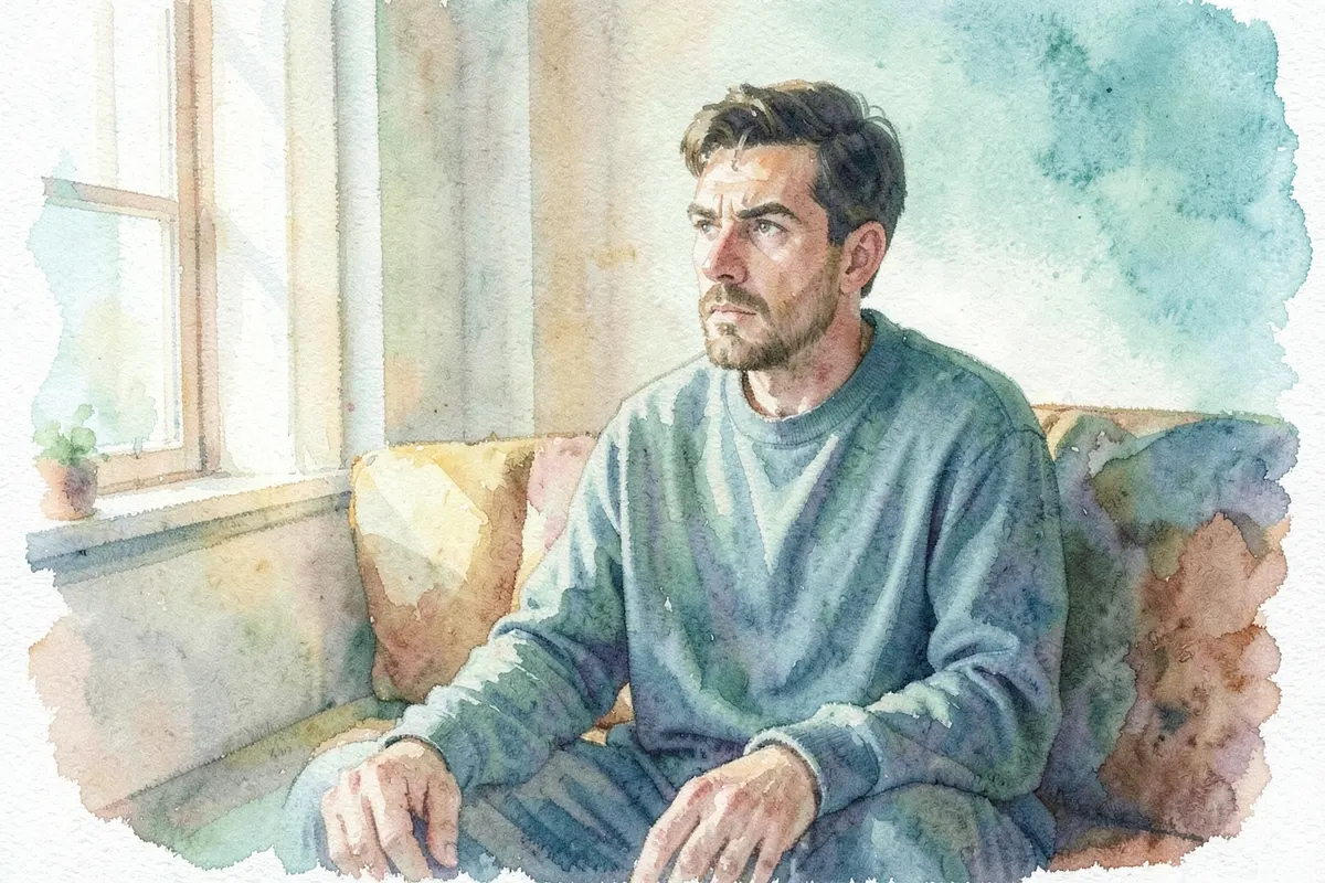 Um homem sentado em uma sala de estar, olhando para o nada com uma expressão distante, em plano médio, com luz natural de uma janela lateral, em um momento de isolamento.