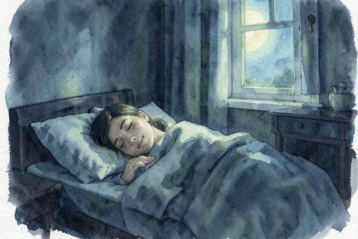 Pessoa dormindo tranquilamente em um quarto escuro e arrumado.