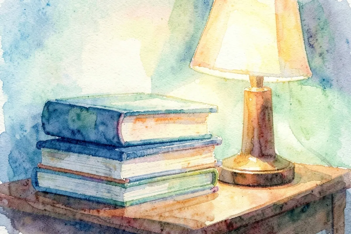 Pilha de livros sobre uma mesa de cabeceira ao lado de um abajur.