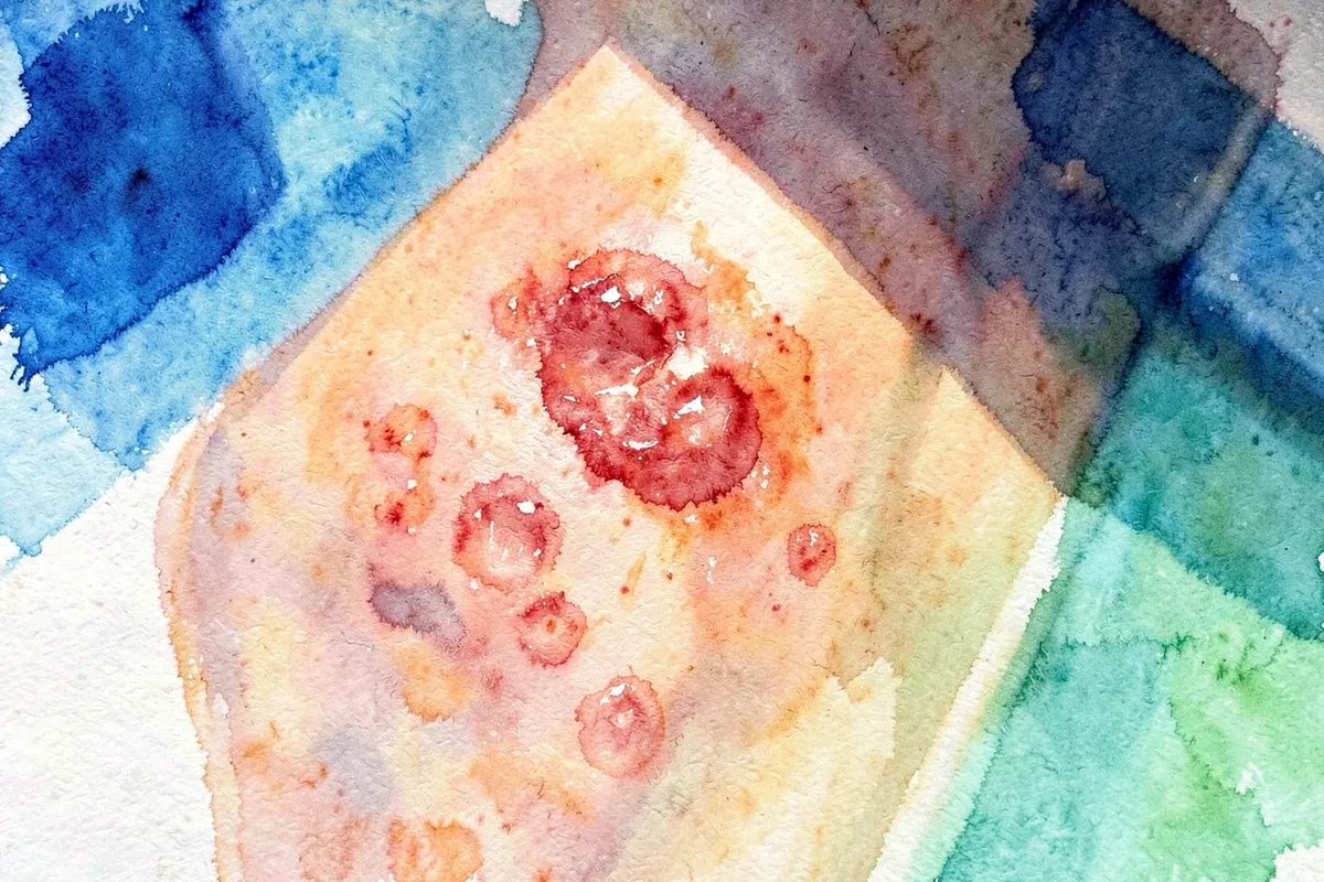 Pele com erupção cutânea vermelha e bolhas, detalhe de perto.