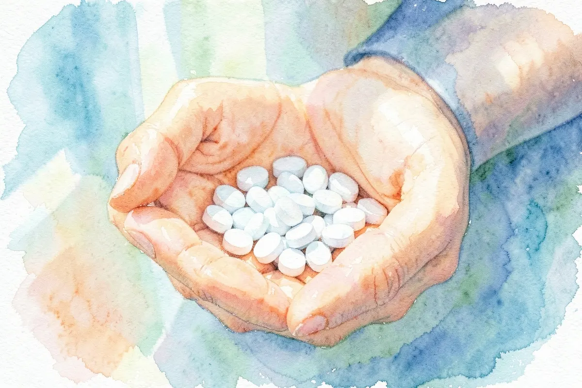 Mãos de um paciente segurando comprimidos de lamotrigina.