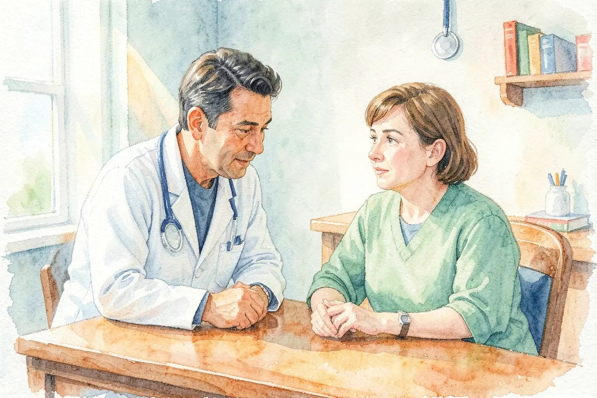 Médico conversando com paciente sobre prevenção de doenças.
