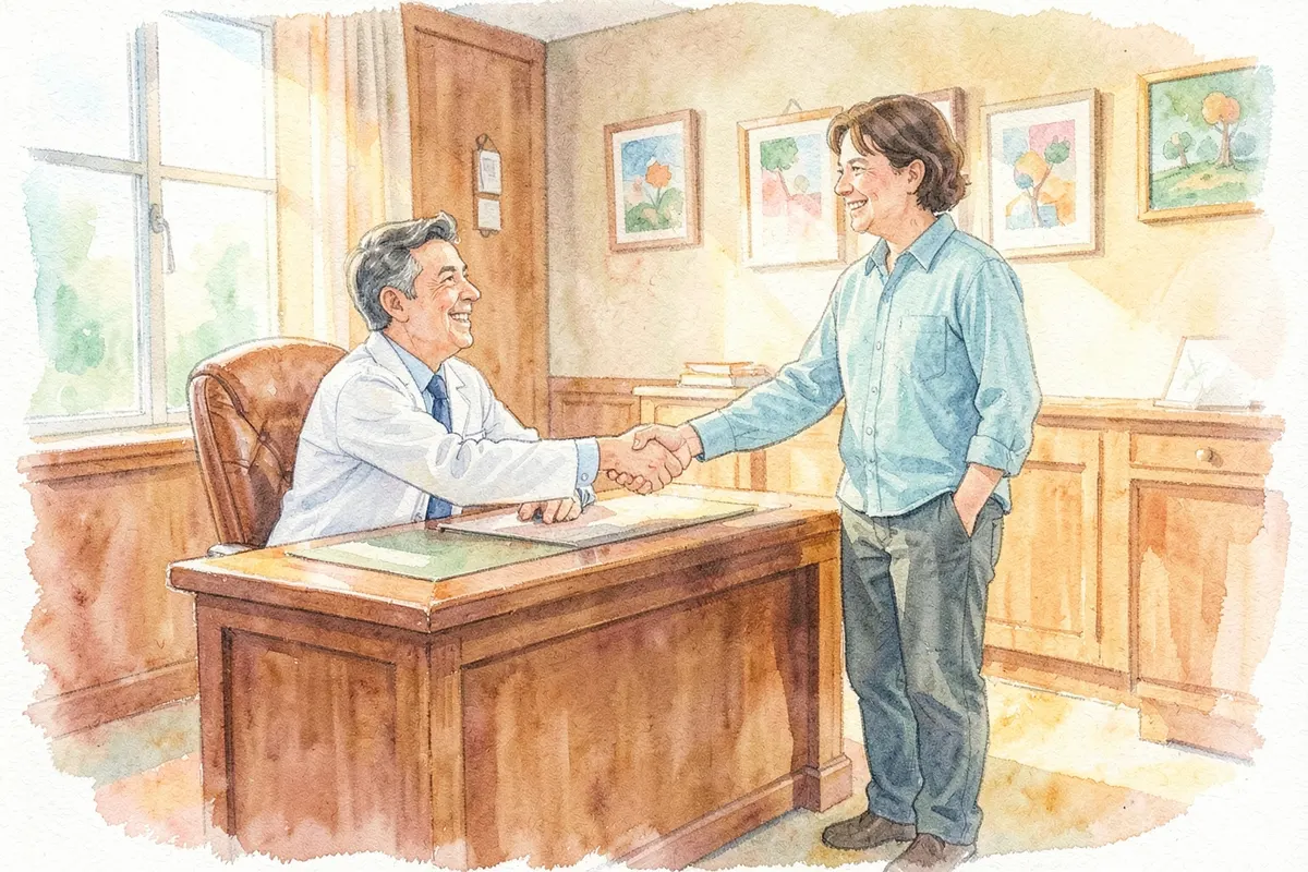 Um psiquiatra e um paciente apertando as mãos em um consultório médico, plano geral, luz suave vindo da janela, momento de encerramento positivo da consulta.