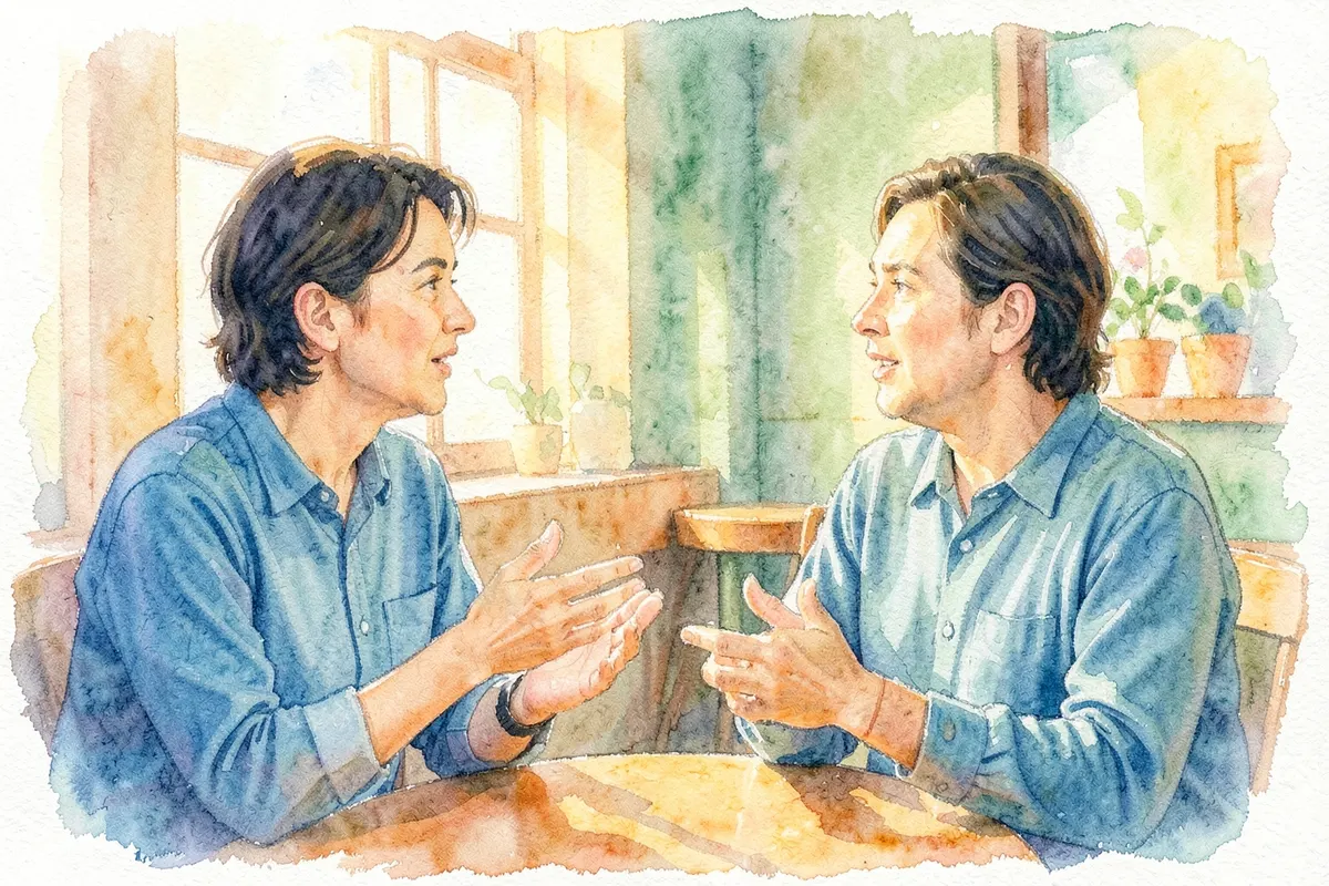Duas pessoas conversando em um café, uma delas gesticulando com as mãos, plano médio, luz natural de fim de tarde vindo da lateral, momento de diálogo informal.