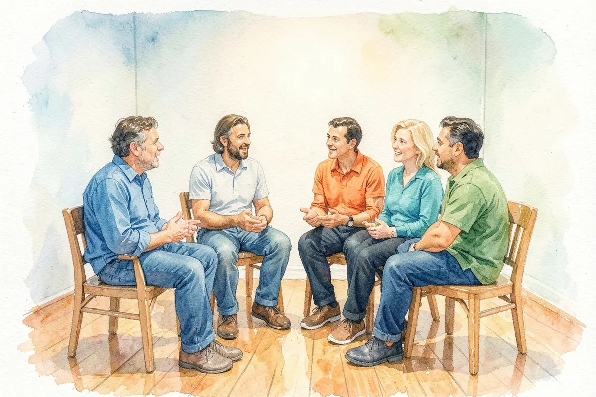 Grupo de pessoas diversas sentadas em círculo, conversando e gesticulando com expressões variadas