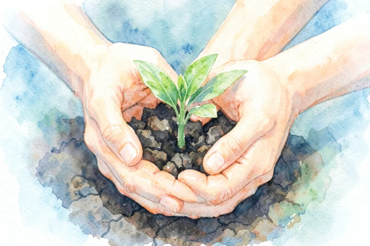 Mãos segurando um pequeno broto de planta crescendo em solo fértil
