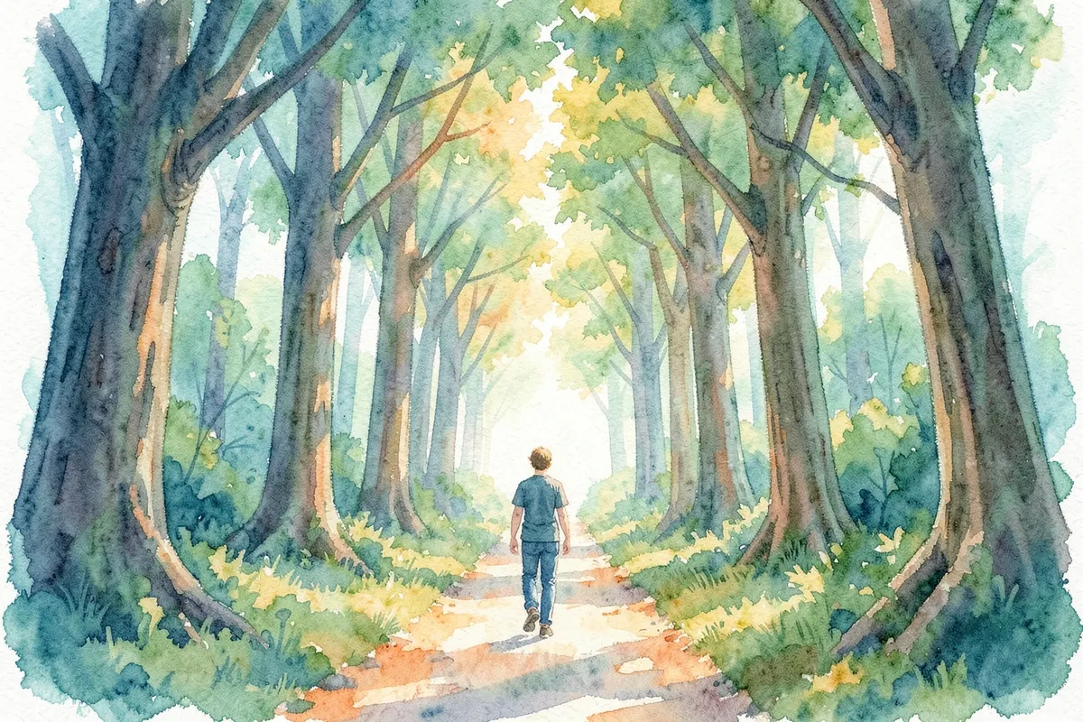 Pessoa caminhando sozinha em um caminho estreito cercado por árvores altas em uma floresta serena