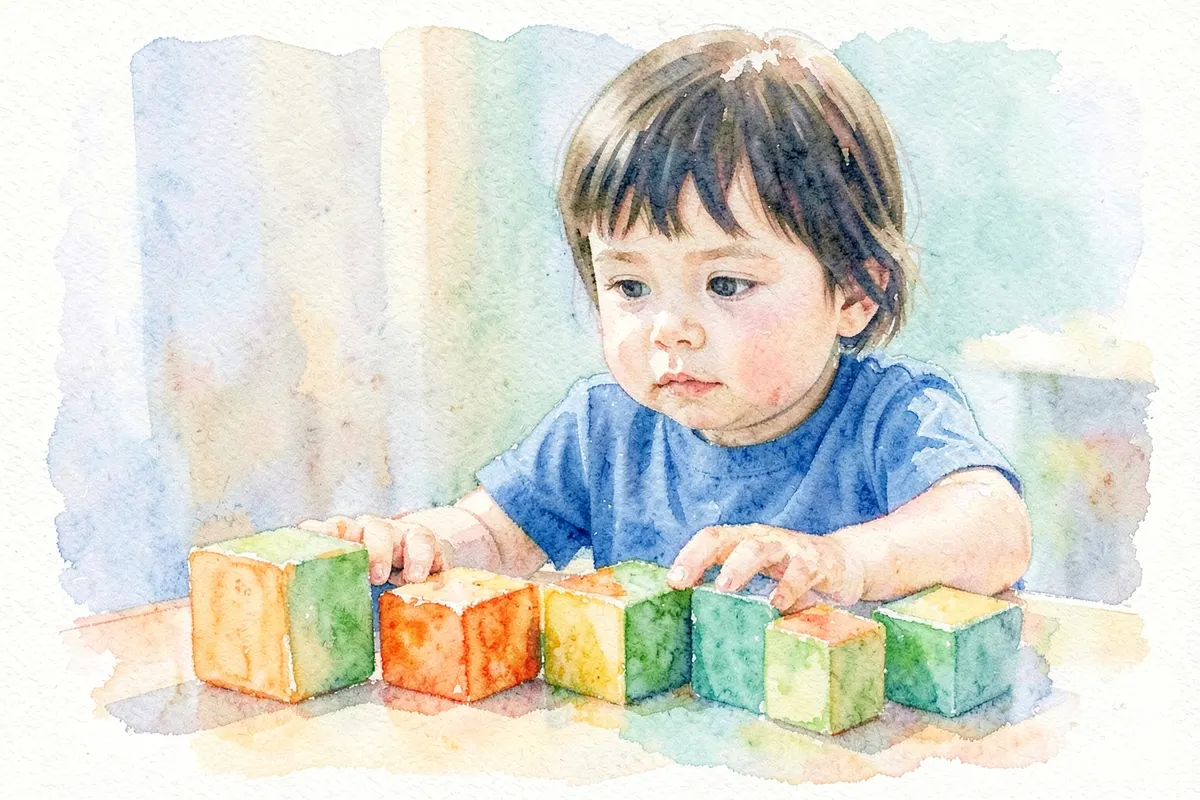Seção 1: Criança olhando atentamente para um padrão de blocos coloridos em uma mesa.