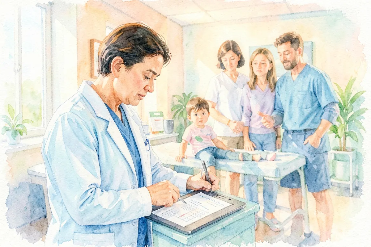 Seção 3: Médico examinando um gráfico em um tablet com uma criança e pais ao fundo.