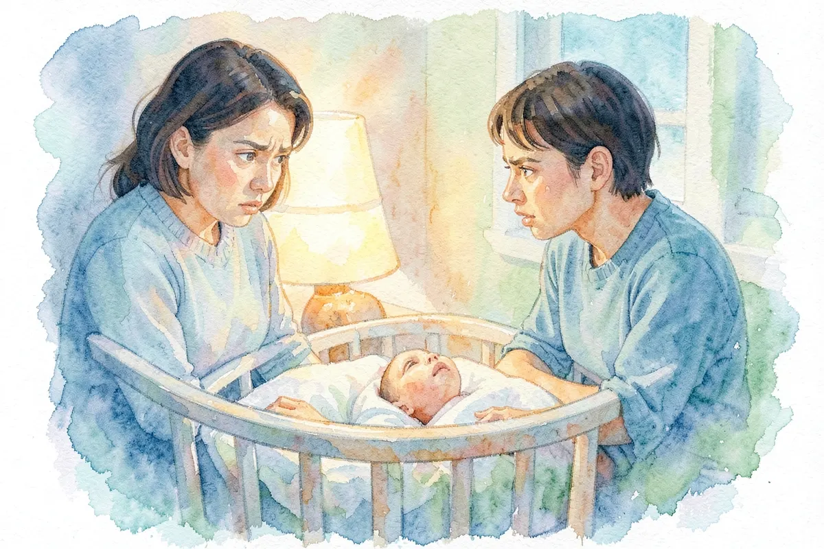 Seção 4: Pais observando atentamente um bebê em um berço.