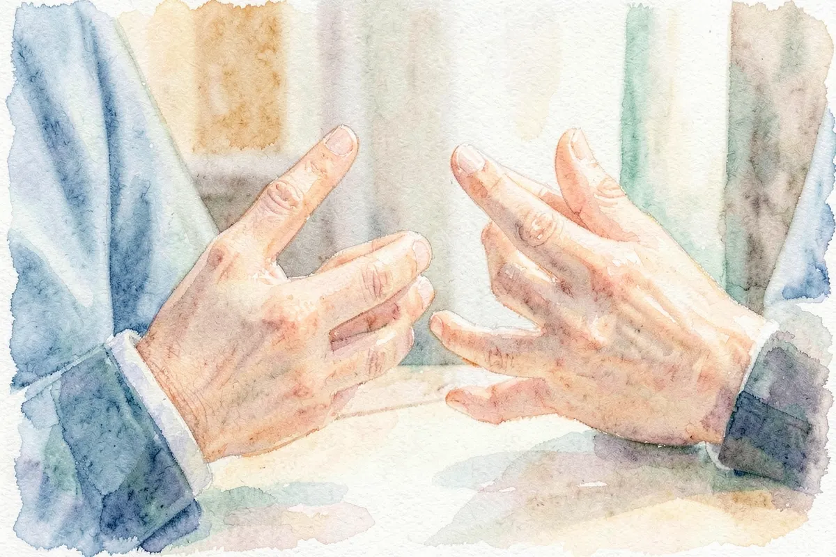 Seção 6: Mãos de uma pessoa gesticulando em uma conversa.