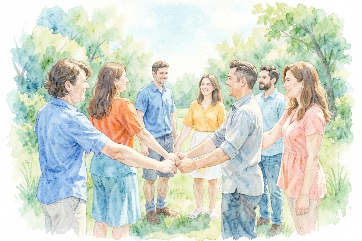 Um grupo de pessoas diversas de mãos dadas em círculo, em um ambiente externo.
