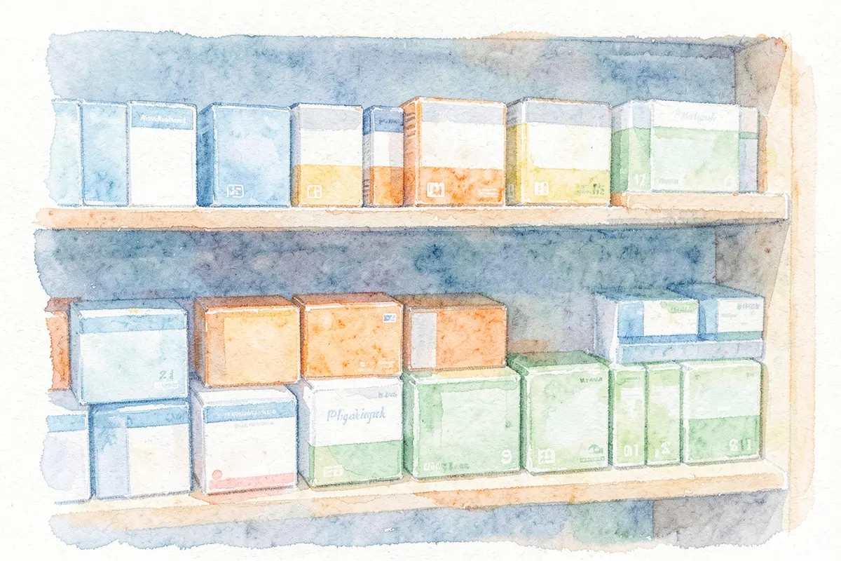 Uma prateleira de farmácia com várias caixas de medicamentos psiquiátricos organizadas em fileiras, com algumas caixas em destaque.