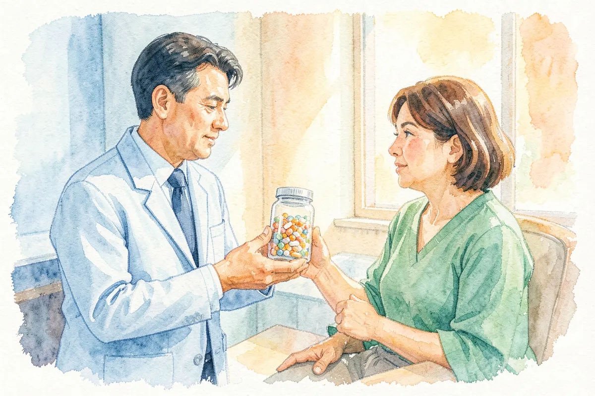 Um médico ou farmacêutico mostrando um frasco de comprimidos a um paciente em um consultório médico.