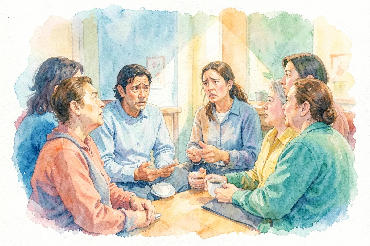 Grupo de pessoas diversas conversando em um círculo, algumas com expressões preocupadas