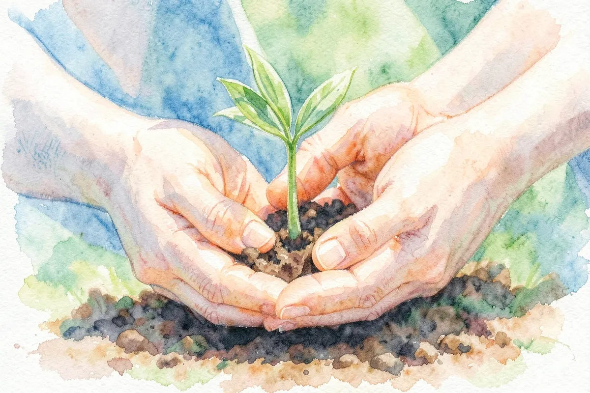 Mãos segurando um pequeno broto de planta crescendo da terra