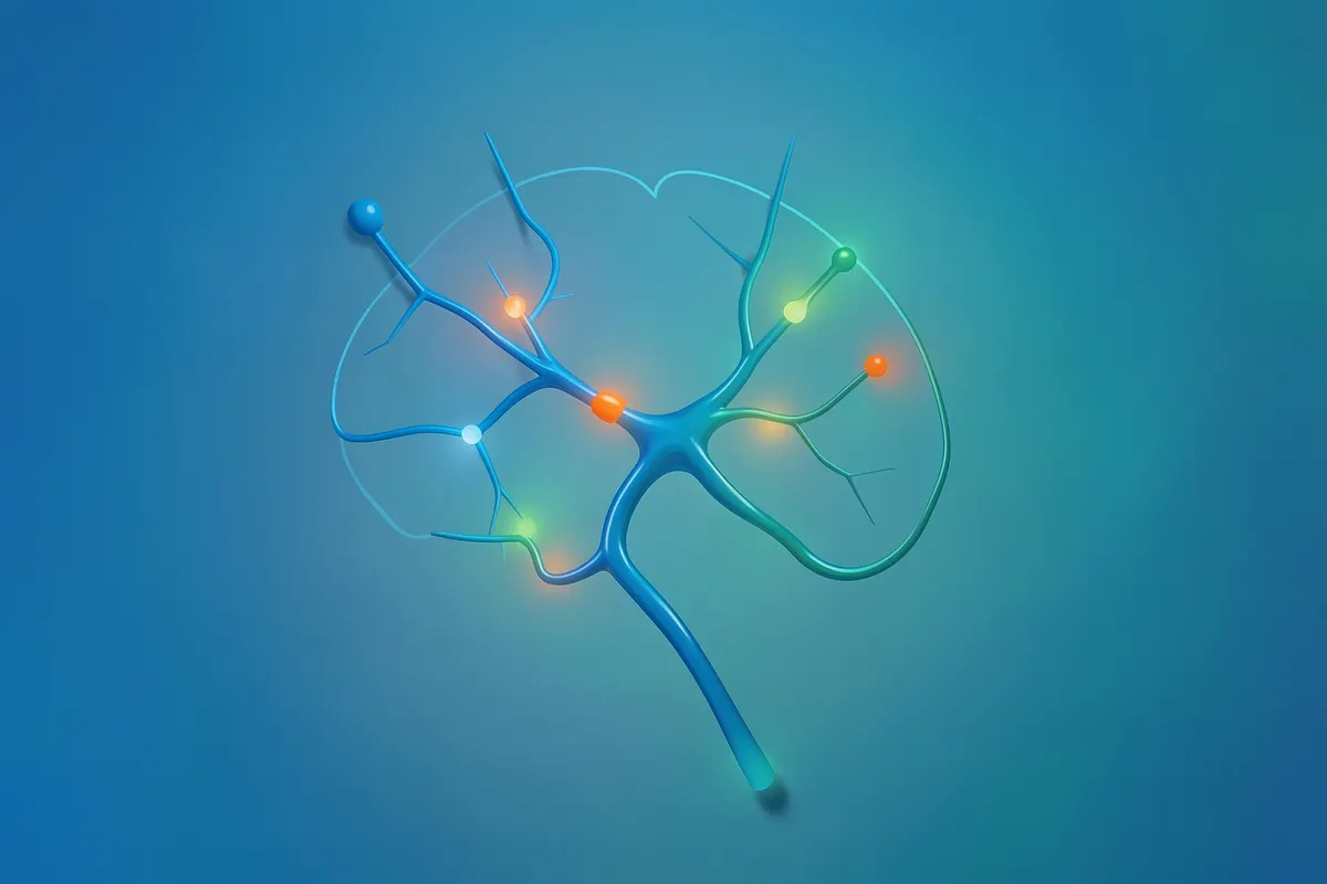 Representação esquemática de neurônios e sinapses no cérebro com destaque para a ação da sertralina.