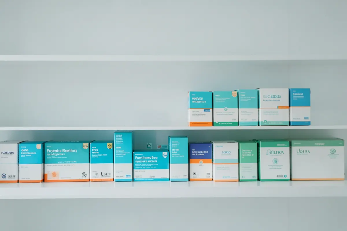 Um conjunto de caixas de remédios organizadas em prateleiras, simbolizando a disponibilidade e acesso ao tratamento.