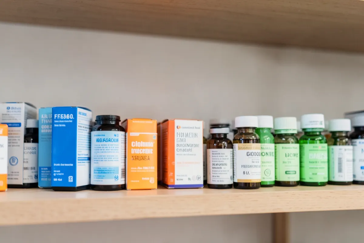 Uma variedade de frascos de medicamentos e caixas em uma prateleira, representando diferentes opções de tratamento.