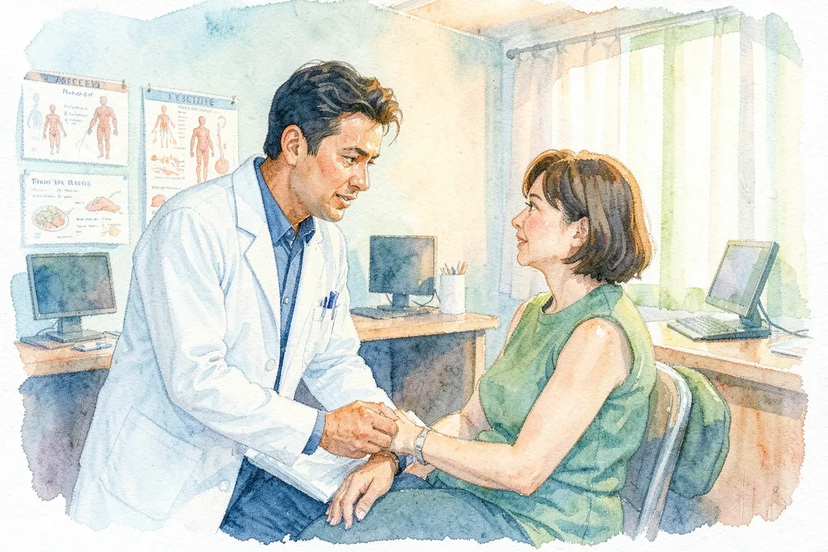 Um médico examinando um paciente em um consultório, com foco na interação entre eles.